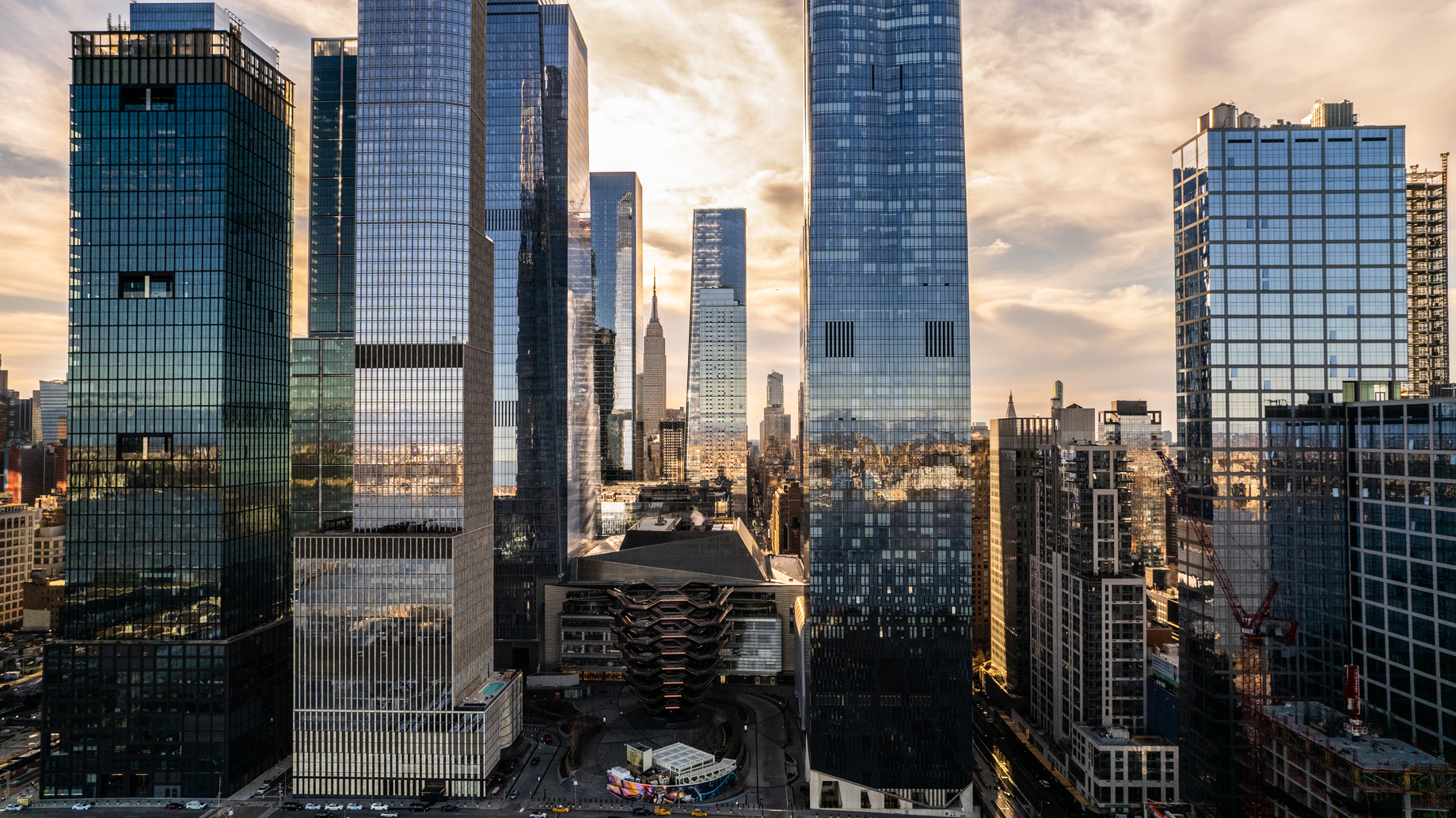 Modern skyscrapers in megapolis of lower Manhattan at sunset